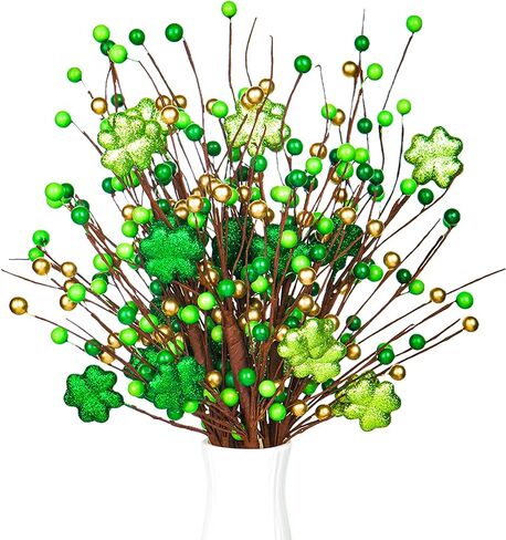 6 Pack Wooden Shamrock Berry Stems - 15.7Inch Glittering Artificial Flowers Clover Picks for St. Patrick’s Day Decor, Table Centerpiece, Irish Pub & St. Patrick's Day Home Decorations in Saudi Arabia
