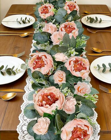 2 حزمة من إكليل زهرة الأوكالبتوس الاصطناعي بطول 13 قدمًا مع 16 وردة من الفاوانيا البيضاء الوردية، وزهور وهمية لتنفس الطفل، وإكليل من الزهور الخضراء لغطاء طاولة الزفاف، وخلفية مركزية لديكور المنزل in Kuwait