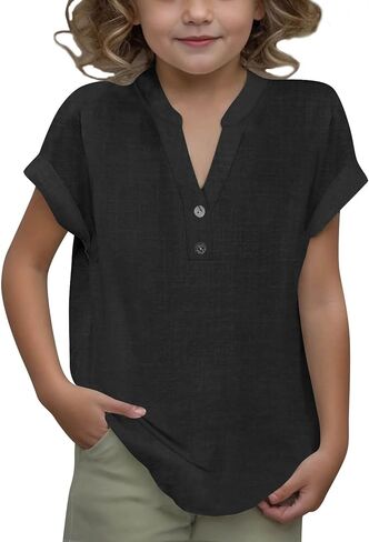 Girls Cotton Linen Shirts Summer Casual Button v Neck Tunic Blouses Kids Trendy Lightweight Solid Short Sleeve Tops in Saudi Arabia