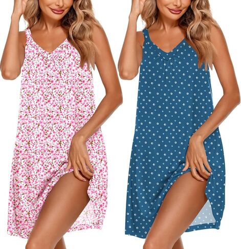 Ekouaer 2 Pack Nightgowns for Women Sleeveless Sleep Shirts Tank Sleep Dress Wide Strap Chemise V-Neck Sleepwear in Kuwait