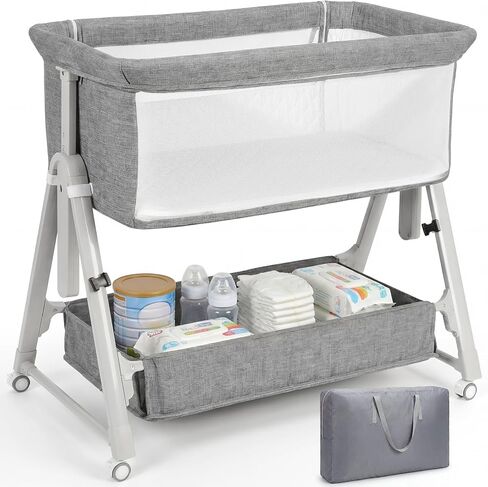 سرير أطفال Cowiewie Bassinet بجانب السرير، سرير أطفال 3 في 1 مزود بمرتبة وعجلات، سرير محمول سهل الطي بجانب السرير للطفل مع حقيبة تخزين وسفر، شبكة مسامية، ثابت وآمن، بيج in Kuwait