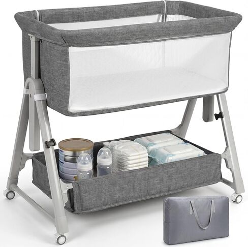 Cowiewie Baby Bassinets,Bedside Sleeper for Baby/Infants/Newborn with Storage Basket,Easy to Assemble & Adjustable Bedside Crib,Safe Portable Baby Bed,Travel Bag Included in Kuwait