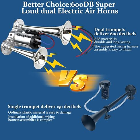 Upgraded 12V 600DB Air Horn Dual Trumpets, Super Loud Dual Electric Air Horns with Air Compressor, Air Horns for Vehicles Trucks, SUVs, Pickup, Lorries, Boats (Sliver) in Kuwait