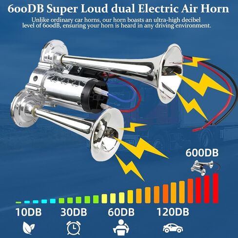 Upgraded 12V 600DB Air Horn Dual Trumpets, Super Loud Dual Electric Air Horns with Air Compressor, Air Horns for Vehicles Trucks, SUVs, Pickup, Lorries, Boats (Sliver) in Kuwait