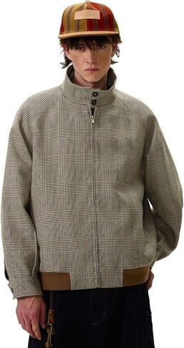 Men Plaid Thousand Bird Grid Brown Long Sleeve Loose Outerwear Casual Coats in Saudi Arabia