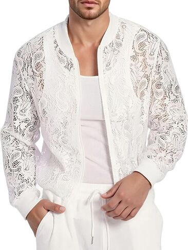SEAUR Men's Sheer Bomber Jacket Lace Long Sleeve Floral Shirt Zipper See Through Outerwear Disco Nightwear in Saudi Arabia