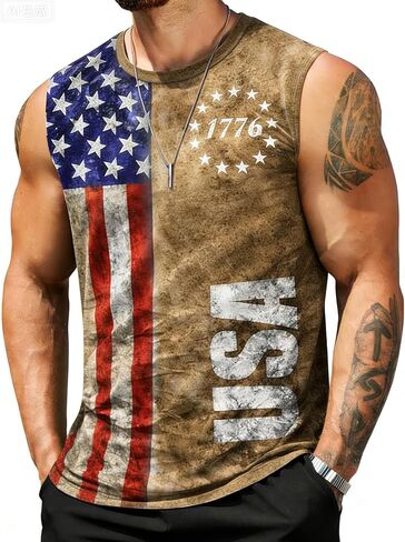 قمصان رجالي العلم الأمريكي تانك القمم 4th من يوليو 1776 الجرافيك الوطني تيز الصيف العضلات الصالة الرياضية بلا أكمام تانك القمم in Kuwait