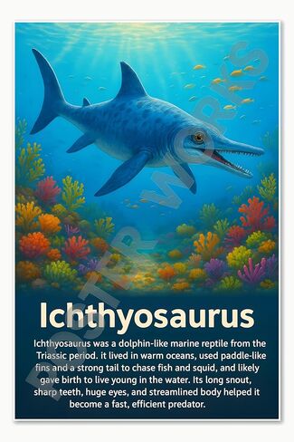 Ichthyosaurus Wildlife Poster with Fun Facts - Realistic Educational Animal Poster Wall Art for Kids Classroom, Nursery & Homeschool Decor - 12x18 Inch in Saudi Arabia