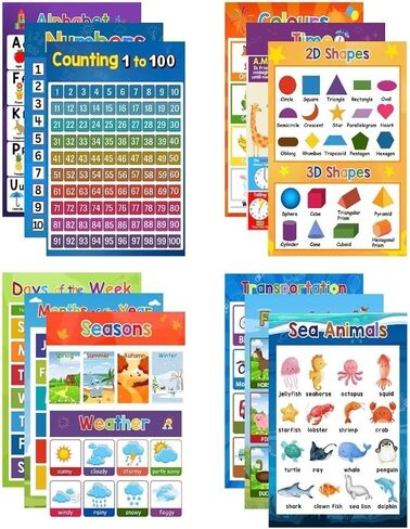 Complete Preschool Learning Charts Set (12 Pack) – Laminated Educational Study Tools (17x11 Inch) – ABC, Numbers, Shapes, Colors, Time, Weather & More for Classroom & Homeschool in Saudi Arabia