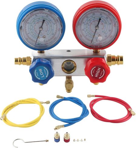 مجموعة قياس تشخيصية متعددة الاتجاهات للتيار المتردد، مجموعة أدوات شحن غاز التبريد لـ R410A R22 R404، صمام كروي مدمج مع قرص سهل القراءة، هيكل من الألومنيوم الصلب، يتضمن 3 ألوان in Kuwait