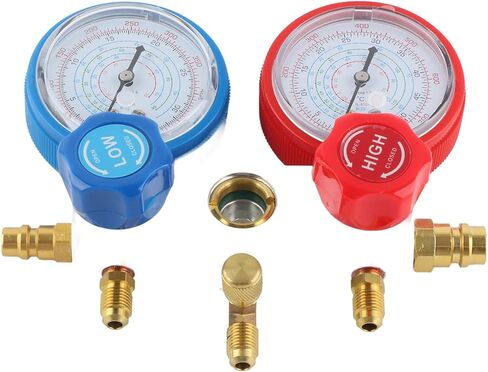 مجموعة قياس تشخيصية متعددة الاتجاهات للتيار المتردد، مجموعة أدوات شحن غاز التبريد لـ R410A R22 R404، صمام كروي مدمج مع قرص سهل القراءة، هيكل من الألومنيوم الصلب، يتضمن 3 ألوان in Kuwait