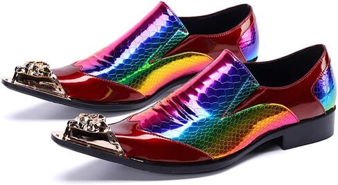 Santimon Mens Metal-Cap Formal Shoes Rainbow Snake Pattern Leather Composite Stitched Details Dress Party Prom Loafers for Men in Saudi Arabia