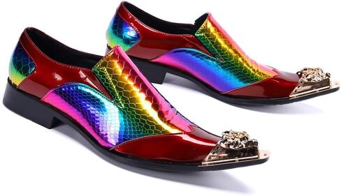 Santimon Mens Metal-Cap Formal Shoes Rainbow Snake Pattern Leather Composite Stitched Details Dress Party Prom Loafers for Men in Saudi Arabia