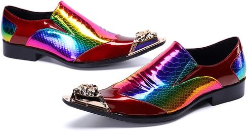Santimon Mens Metal-Cap Formal Shoes Rainbow Snake Pattern Leather Composite Stitched Details Dress Party Prom Loafers for Men in Saudi Arabia