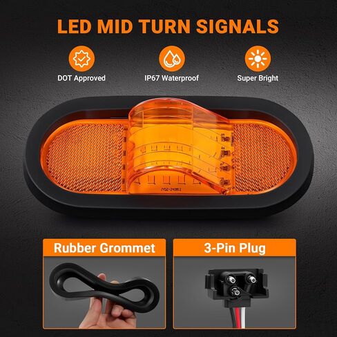 4 قطع 6.5 بوصة بيضاوية LED مصابيح جانبية 24 LED إشارة منتصف الانعطاف أضواء علامة كهرمانية مع عدسة عاكسة، حلقة مطاطية محكمة الغلق 6 بوصة LED علامة منتصف السفينة وأضواء إشارة الانعطاف لمقطورات نصف الشاحنات RVs in Kuwait