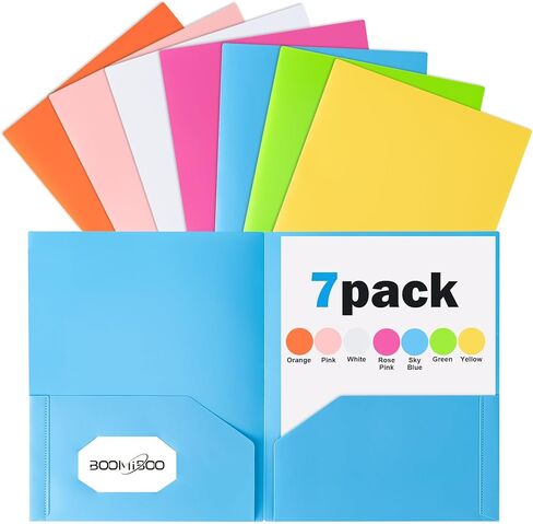 BOOMIBOO Colored Plastic Folders with Pockets (7 Pack, Assorted Bright Colors), Durable Heavy Duty File Folders with Business Card Slot, 2 Pocket Folders for Schoolwork & Office,Letter Size in Saudi Arabia