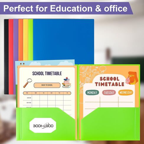 BOOMIBOO Colored Plastic Folders with Pockets (7 Pack, Assorted Bright Colors), Durable Heavy Duty File Folders with Business Card Slot, 2 Pocket Folders for Schoolwork & Office,Letter Size in Saudi Arabia