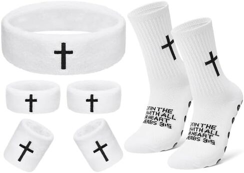5 Pcs Cross Sweatband Set Sports Bicep Bands Headband and Wristband Set Cross Grip Socks Religious Wicking Athletic Sport Accessories for Men Women Football Baseball Sports Activities in Saudi Arabia