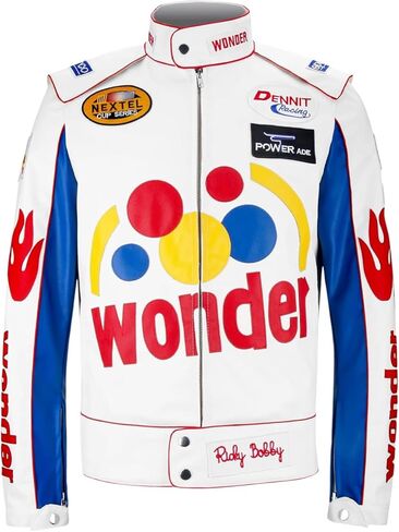 سترة ريكي بوبي التنكرية - معطف سباق Wonder Bread للرجال| كارلي، سترة جلدية صناعية | الزي التنكري لسيارات السباق | كبير جدًا (MWJ-FL-WHT-XL) in Kuwait