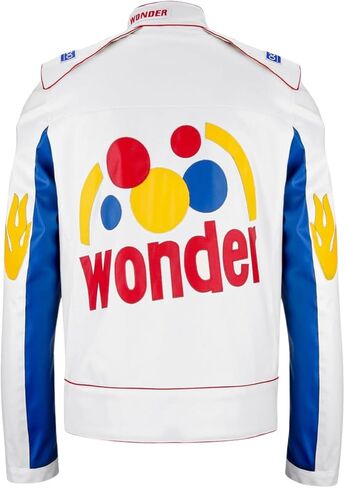 سترة ريكي بوبي التنكرية - معطف سباق Wonder Bread للرجال| كارلي، سترة جلدية صناعية | الزي التنكري لسيارات السباق | كبير جدًا (MWJ-FL-WHT-XL) in Kuwait
