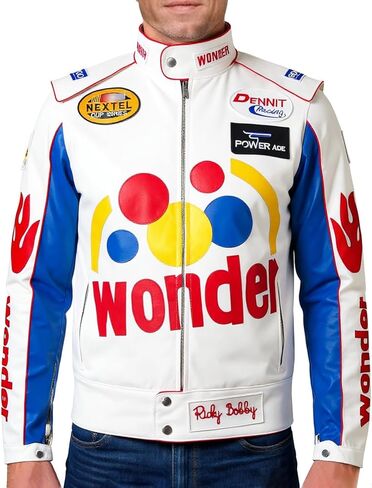 سترة ريكي بوبي التنكرية - معطف سباق Wonder Bread للرجال| كارلي، سترة جلدية صناعية | الزي التنكري لسيارات السباق | كبير جدًا (MWJ-FL-WHT-XL) in Kuwait
