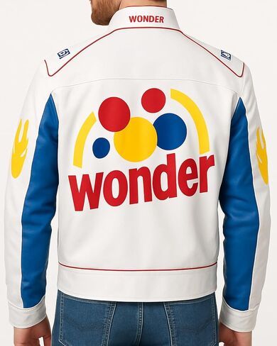 سترة ريكي بوبي التنكرية - معطف سباق Wonder Bread للرجال| كارلي، سترة جلدية صناعية | الزي التنكري لسيارات السباق | كبير جدًا (MWJ-FL-WHT-XL) in Kuwait
