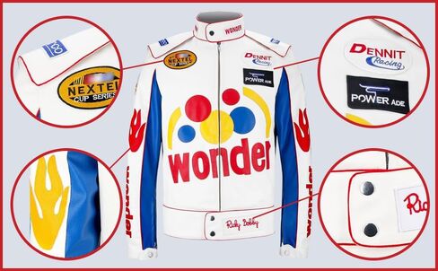 سترة ريكي بوبي التنكرية - معطف سباق Wonder Bread للرجال| كارلي، سترة جلدية صناعية | الزي التنكري لسيارات السباق | كبير جدًا (MWJ-FL-WHT-XL) in Kuwait