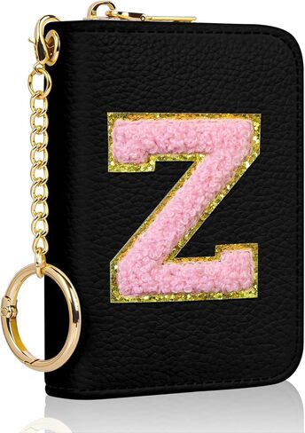 حامل بطاقة الائتمان الأولي، محفظة صغيرة لبطاقات RFID للنساء، حافظة منظم محفظة جلدية بجيب نحيف مع سحاب وسلسلة مفاتيح، وردي اللون الأولي F in Kuwait