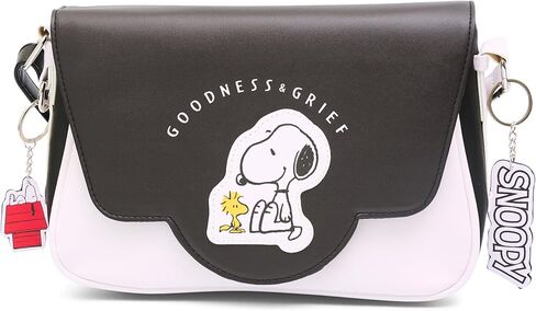 Peanuts Bag, Fold Over Crossbody, Peanuts Woodstock and Snoopy Goodness and Grief Pose Black, Vegan Leather in Saudi Arabia