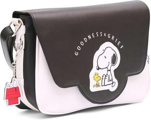 Peanuts Bag, Fold Over Crossbody, Peanuts Woodstock and Snoopy Goodness and Grief Pose Black, Vegan Leather in Saudi Arabia