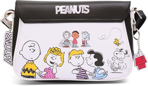 Peanuts Bag, Fold Over Crossbody, Peanuts Woodstock and Snoopy Goodness and Grief Pose Black, Vegan Leather in Saudi Arabia