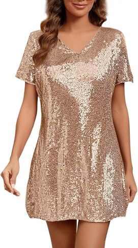 Women's Sparkly Cocktail Dresses for Wedding Guest Short Sleeve V Neck Dress Loose Sequin Evening Party Dress in Saudi Arabia