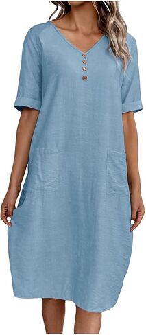 Womens Summer Casual Dress V Neck Short Sleeve Button Loose Fit Midi Sundress with Pocket Solid Color Fashion Dress in Saudi Arabia