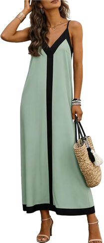Women Summer Spaghetti Straps Maxi Dress Sleeveless V Neck Beach Vacation Boho Dresses Loose Fit Solid Color Outfit in Saudi Arabia