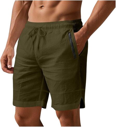 Men's Cotton Linen Shorts with Side Hollow-Out Button, Drawstring Elastic Waist Short Pant, Straight Leg Summer Shorts in Saudi Arabia
