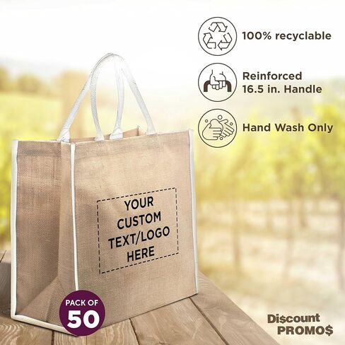 DISCOUNT PROMOS مجموعة حقائب حمل من الجوت صديقة للبيئة من فريسنو مكونة من 50 قطعة، عبوة كبيرة مخصصة - قابلة لإعادة الاستخدام، رائعة للمعارض التجارية والبقالة والتسوق والمناسبات الخارجية - بيج فاتح in Kuwait