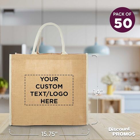 DISCOUNT PROMOS مجموعة حقائب حمل من الجوت صديقة للبيئة من فريسنو مكونة من 50 قطعة، عبوة كبيرة مخصصة - قابلة لإعادة الاستخدام، رائعة للمعارض التجارية والبقالة والتسوق والمناسبات الخارجية - بيج فاتح in Kuwait
