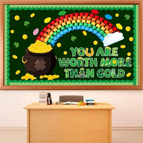 St.Patrick's Day Bulletin Board Decoration Set 3D Rainbow Shamrock Gold Coin Cutouts You are Worth More Than Gold Classroom Bulletin Board for School Chalkboard Wall Decor St. Patrick Party Supplies in Saudi Arabia