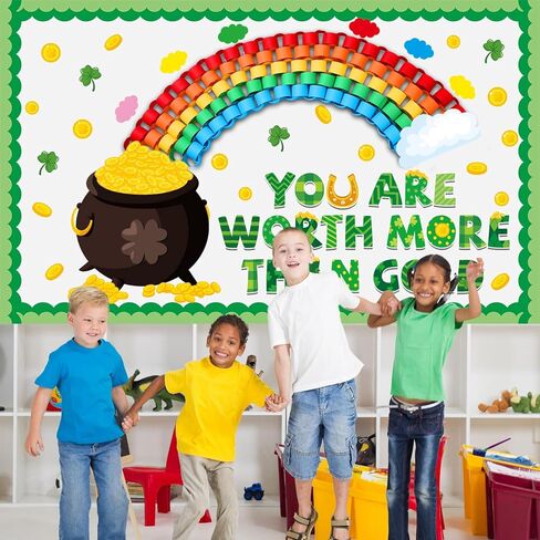 St.Patrick's Day Bulletin Board Decoration Set 3D Rainbow Shamrock Gold Coin Cutouts You are Worth More Than Gold Classroom Bulletin Board for School Chalkboard Wall Decor St. Patrick Party Supplies in Saudi Arabia