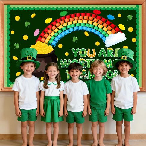 St.Patrick's Day Bulletin Board Decoration Set 3D Rainbow Shamrock Gold Coin Cutouts You are Worth More Than Gold Classroom Bulletin Board for School Chalkboard Wall Decor St. Patrick Party Supplies in Saudi Arabia
