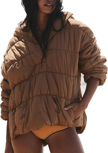 Women‘s Quilted Pullover Puffer Jacket Long Sleeve Winter Warm Packable Lightweight Hooded Coats(0176-Khaki-M) in Saudi Arabia