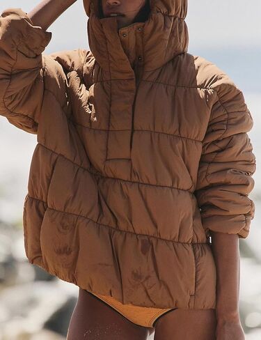 Women‘s Quilted Pullover Puffer Jacket Long Sleeve Winter Warm Packable Lightweight Hooded Coats(0176-Khaki-M) in Saudi Arabia