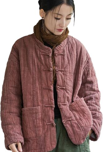 Women's Cotton Short Quilted Coat Autumn/Winter Solid Color Jacket Baggy Long Sleeve Button Top in Kuwait