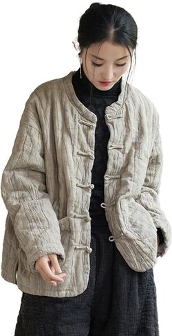 Women's Cotton Short Quilted Coat Autumn/Winter Solid Color Jacket Baggy Long Sleeve Button Top in Saudi Arabia