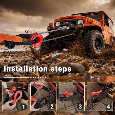 حبل تكبل صناعي ناعم 1/2 × 22 بوصة أغلال سحب برتقالية مع حلقة انتعاش حمراء 56000 رطل قوة كسر الطرق الوعرة مجموعة استعادة تكبل ناعمة للمركبات على الطرق الوعرة ATV UTV in Kuwait