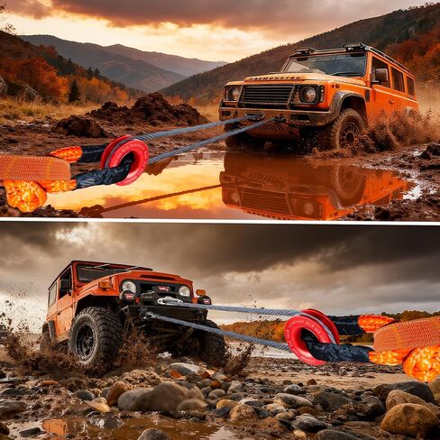 حبل تكبل صناعي ناعم 1/2 × 22 بوصة أغلال سحب برتقالية مع حلقة انتعاش حمراء 56000 رطل قوة كسر الطرق الوعرة مجموعة استعادة تكبل ناعمة للمركبات على الطرق الوعرة ATV UTV in Kuwait