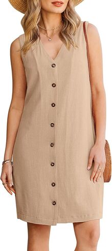 GPAPENT Linen Dresses for Women Summer Casual Sleeveless Button Down V Neck Pocket Self Tie Knee Length Loose Sun Dress in Saudi Arabia