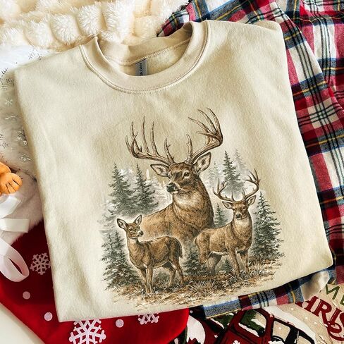 Vintage Deer Family Forest Sweatshirt Rustic Wildlife Nature Graphic Pullover in Kuwait