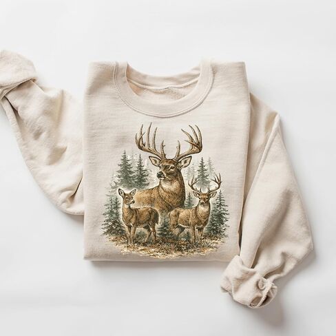 Vintage Deer Family Forest Sweatshirt Rustic Wildlife Nature Graphic Pullover in Kuwait