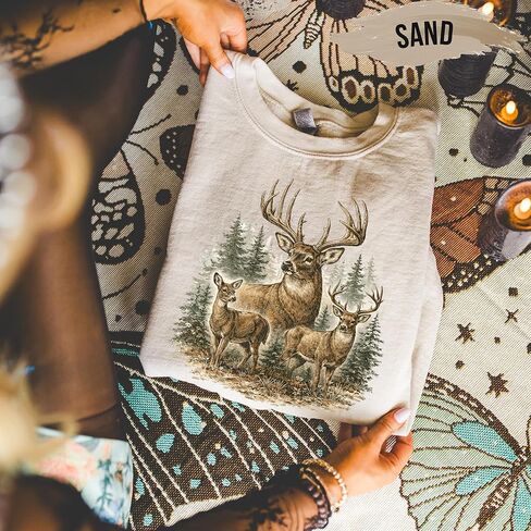 Vintage Deer Family Forest Sweatshirt Rustic Wildlife Nature Graphic Pullover in Kuwait